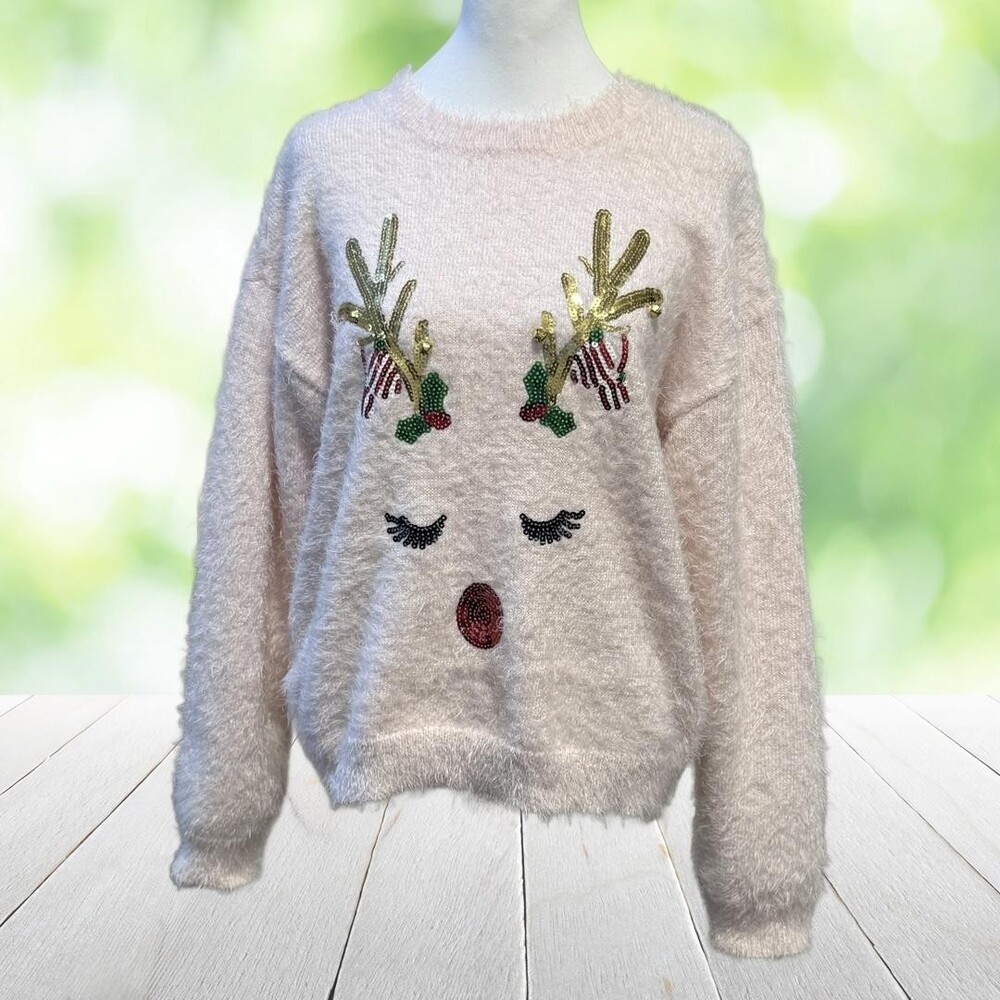 HOLIDAY TIME Christmas Sweater Womens XL Pink Sequin Reindeer Faux Angora Fluffy